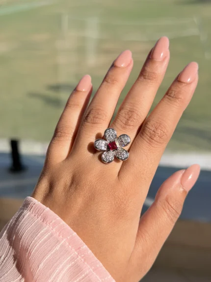 Silver Studded Flower Ring (Size-6)